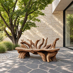 Branch Fan Backrest Root Bench, Sculptural Solid Wood Garden Bench with Thick Slab Seat on Root Legs