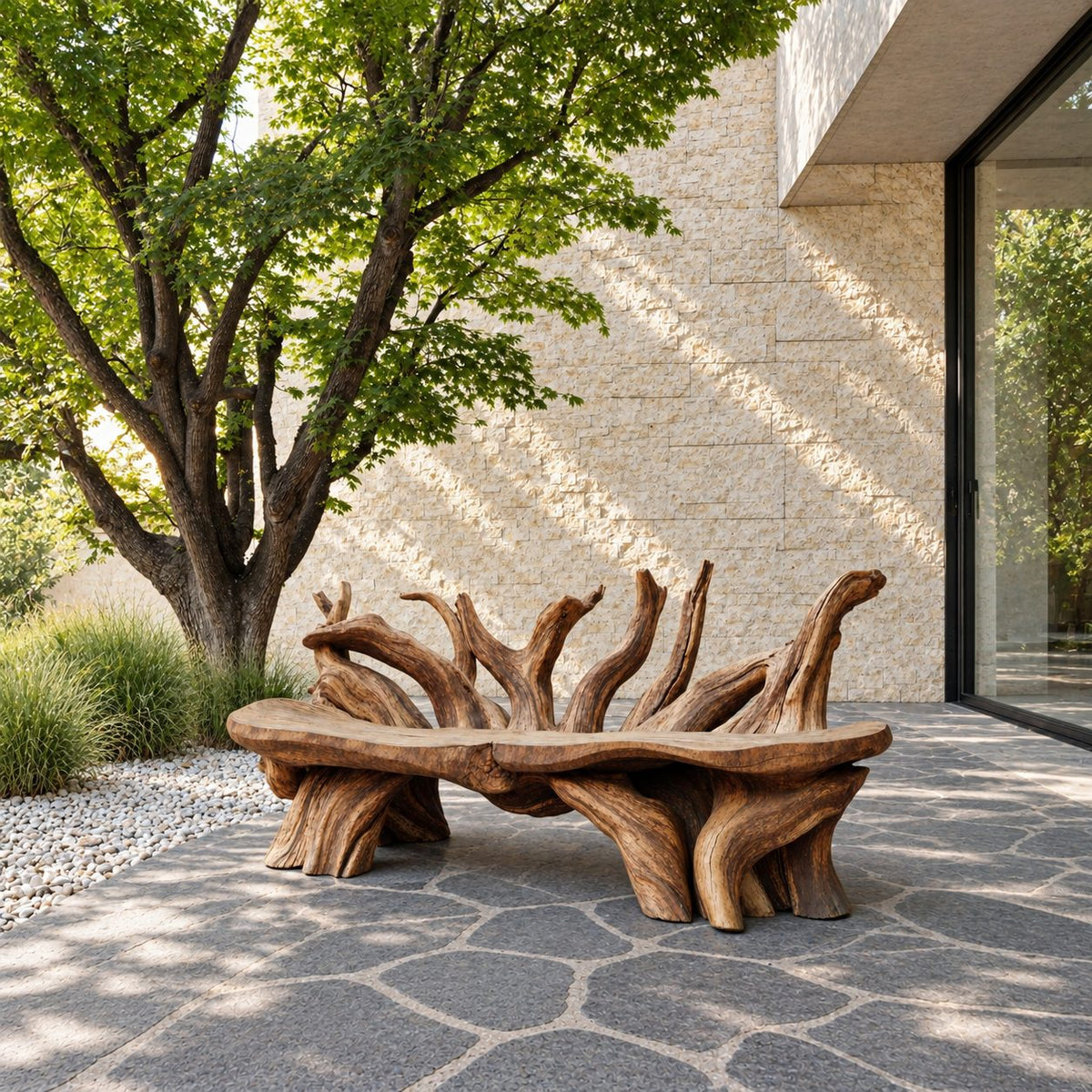 Branch Fan Backrest Root Bench, Sculptural Solid Wood Garden Bench with Thick Slab Seat on Root Legs