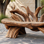 Branch Fan Backrest Root Bench, Sculptural Solid Wood Garden Bench with Thick Slab Seat on Root Legs