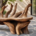 Branch Fan Backrest Root Bench, Sculptural Solid Wood Garden Bench with Thick Slab Seat on Root Legs