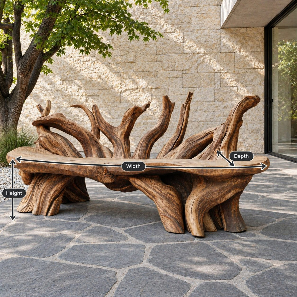 Branch Fan Backrest Root Bench, Sculptural Solid Wood Garden Bench with Thick Slab Seat on Root Legs