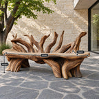 Branch Fan Backrest Root Bench, Sculptural Solid Wood Garden Bench with Thick Slab Seat on Root Legs