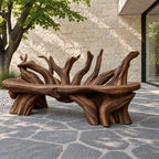 Branch Fan Backrest Root Bench, Sculptural Solid Wood Garden Bench with Thick Slab Seat on Root Legs