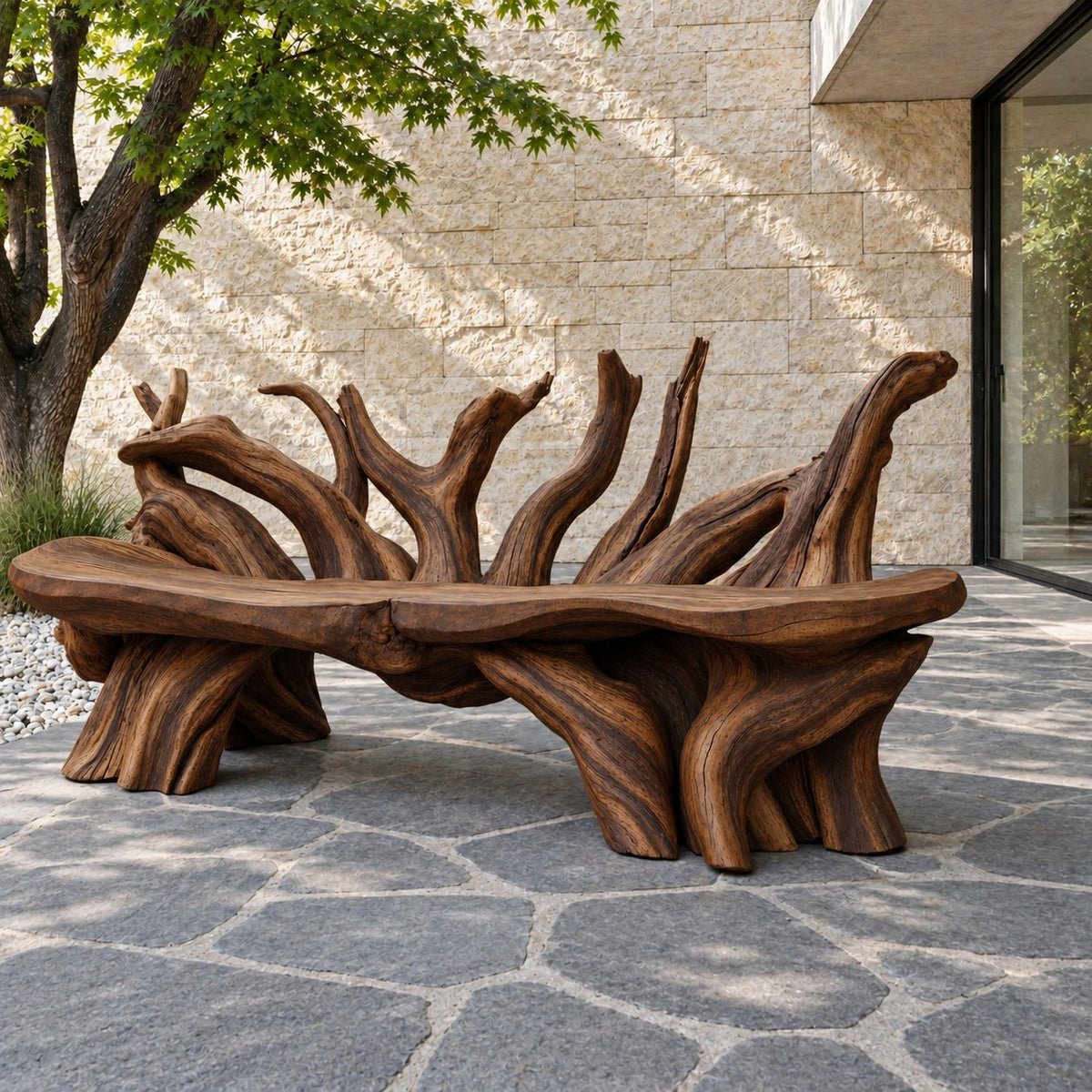Branch Fan Backrest Root Bench, Sculptural Solid Wood Garden Bench with Thick Slab Seat on Root Legs