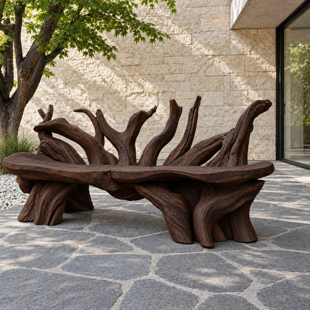 Branch Fan Backrest Root Bench, Sculptural Solid Wood Garden Bench with Thick Slab Seat on Root Legs
