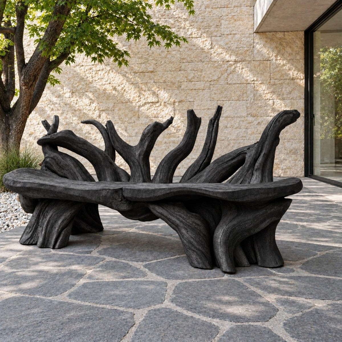 Branch Fan Backrest Root Bench, Sculptural Solid Wood Garden Bench with Thick Slab Seat on Root Legs