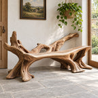 Sprawling Root Branch Bench, Sculptural Solid Wood Entryway Bench with Low Branch Back and Slab Seat