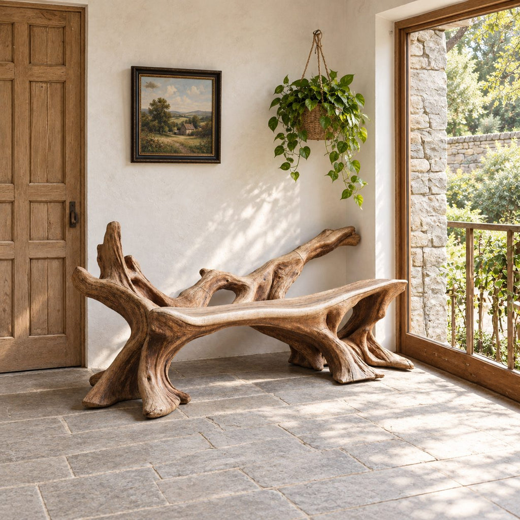 Sprawling Root Branch Bench, Sculptural Solid Wood Entryway Bench with Low Branch Back and Slab Seat
