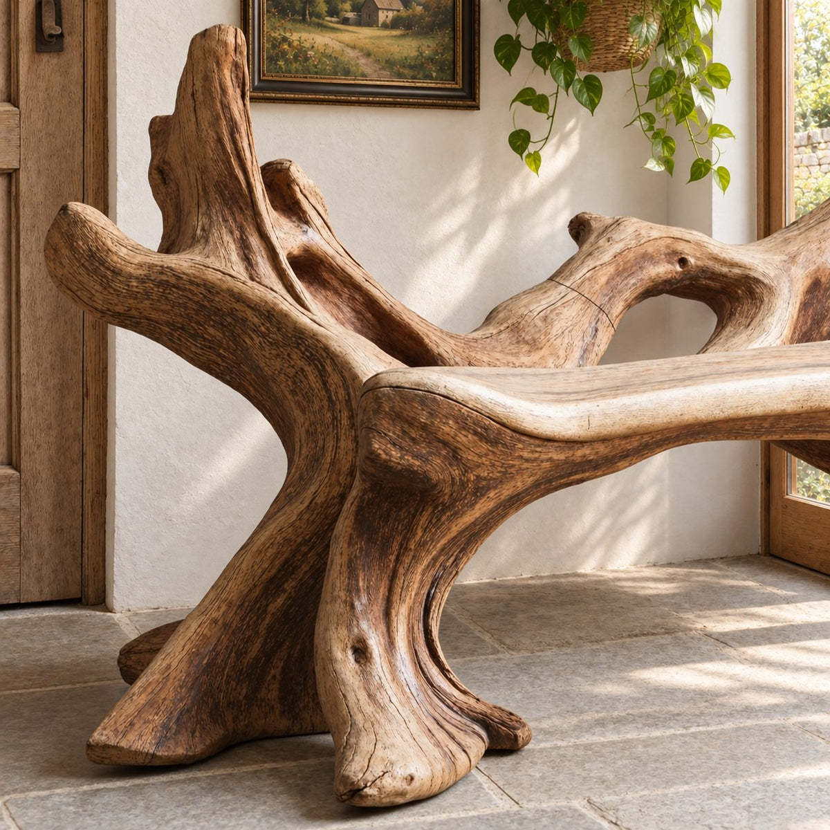 Sprawling Root Branch Bench, Sculptural Solid Wood Entryway Bench with Low Branch Back and Slab Seat