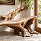 Sprawling Root Branch Bench, Sculptural Solid Wood Entryway Bench with Low Branch Back and Slab Seat