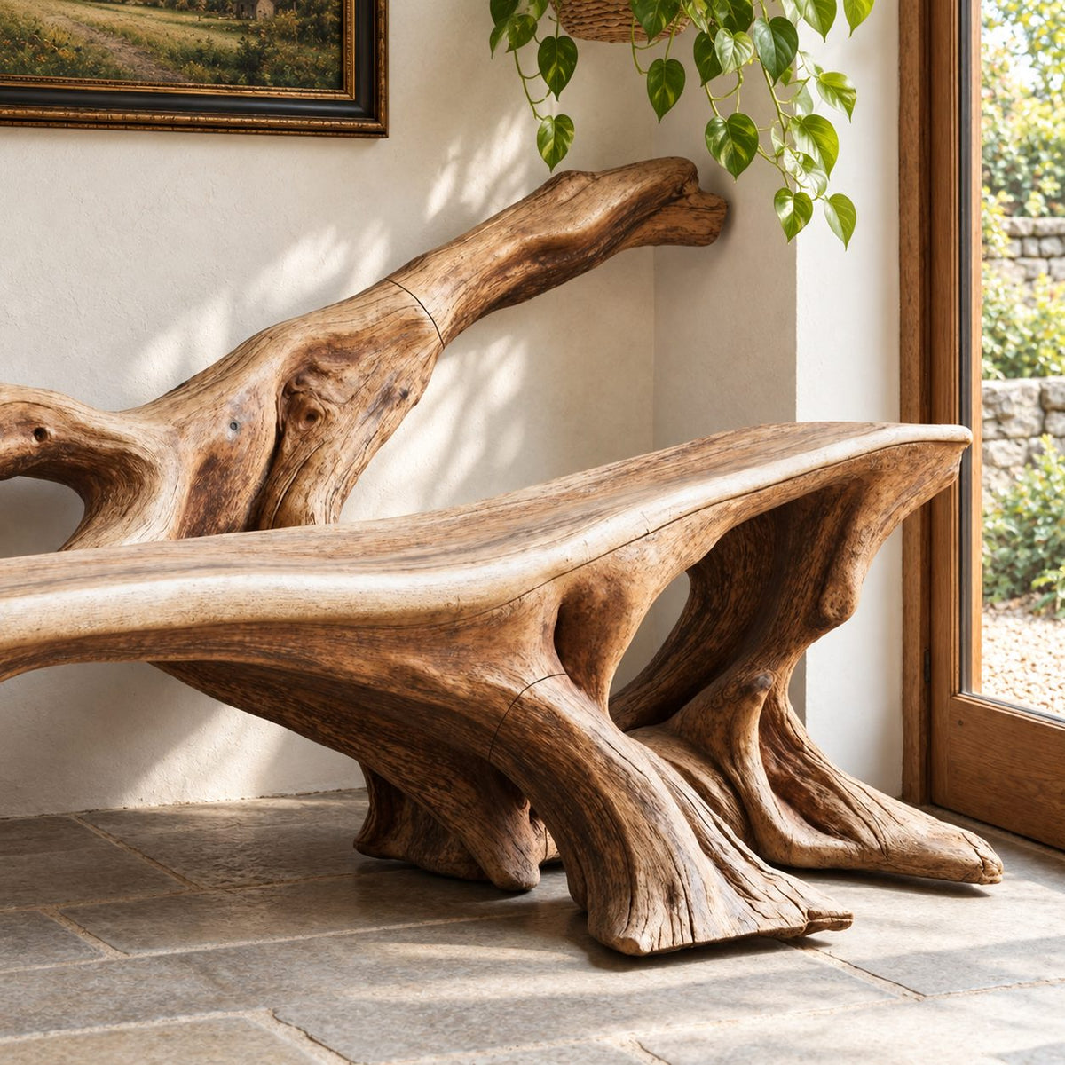 Sprawling Root Branch Bench, Sculptural Solid Wood Entryway Bench with Low Branch Back and Slab Seat