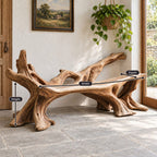 Sprawling Root Branch Bench, Sculptural Solid Wood Entryway Bench with Low Branch Back and Slab Seat