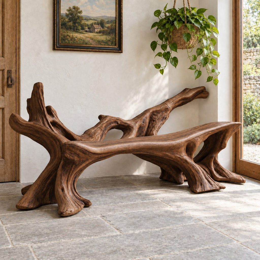 Sprawling Root Branch Bench, Sculptural Solid Wood Entryway Bench with Low Branch Back and Slab Seat