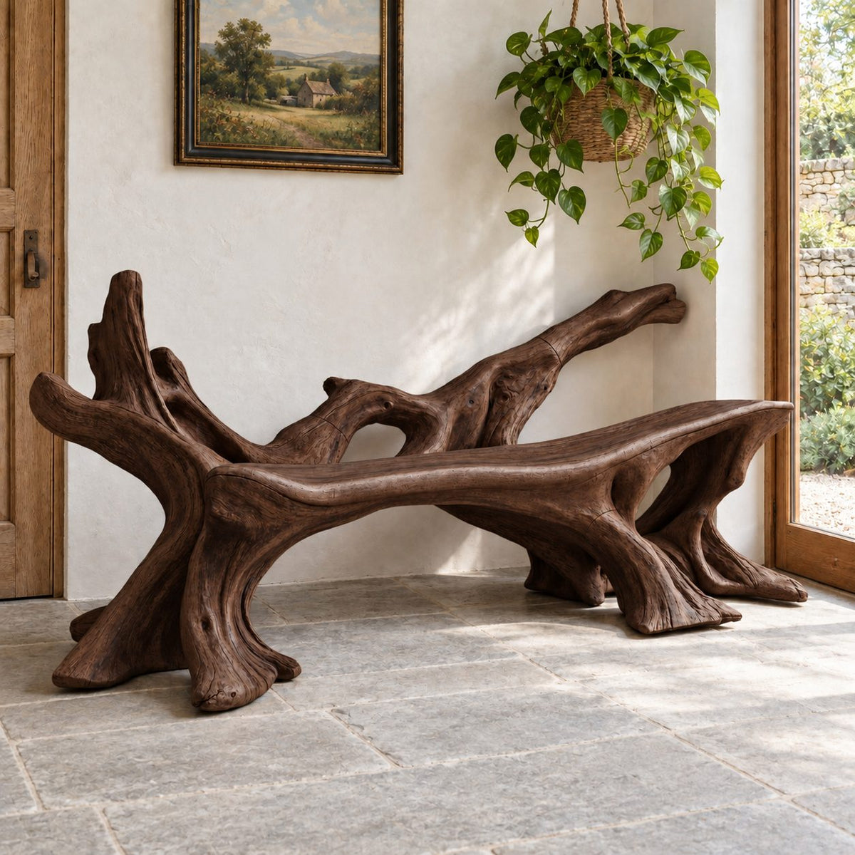 Sprawling Root Branch Bench, Sculptural Solid Wood Entryway Bench with Low Branch Back and Slab Seat