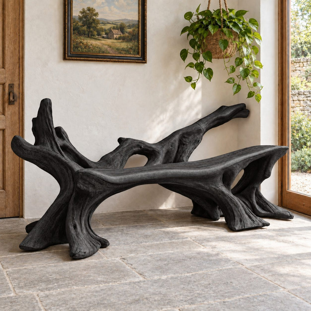 Sprawling Root Branch Bench, Sculptural Solid Wood Entryway Bench with Low Branch Back and Slab Seat