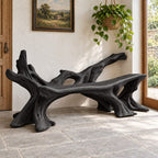 Sprawling Root Branch Bench, Sculptural Solid Wood Entryway Bench with Low Branch Back and Slab Seat