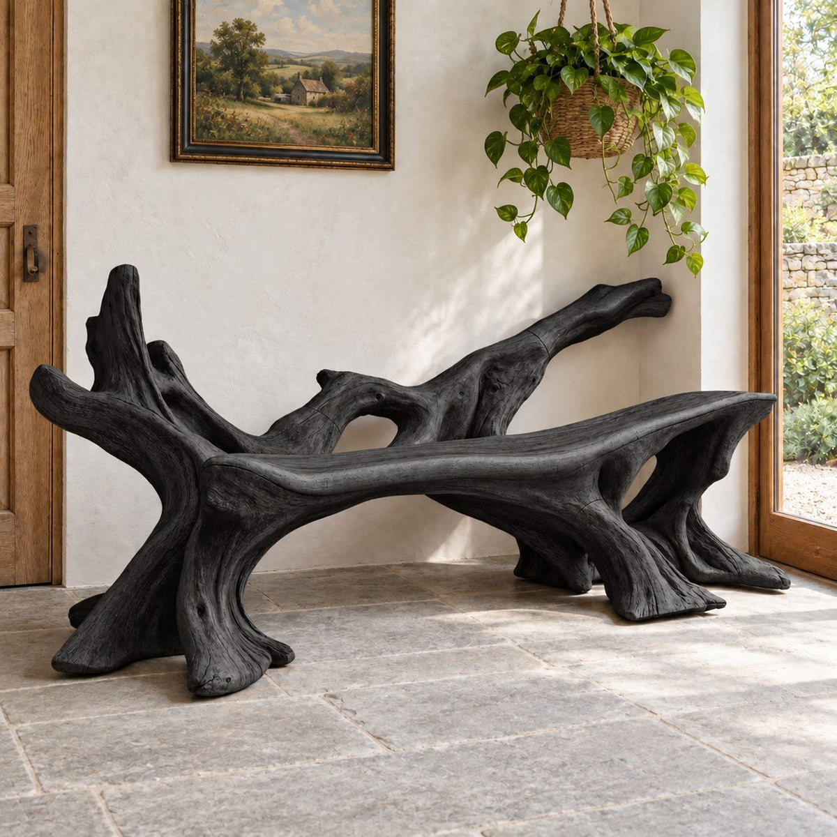 Sprawling Root Branch Bench, Sculptural Solid Wood Entryway Bench with Low Branch Back and Slab Seat