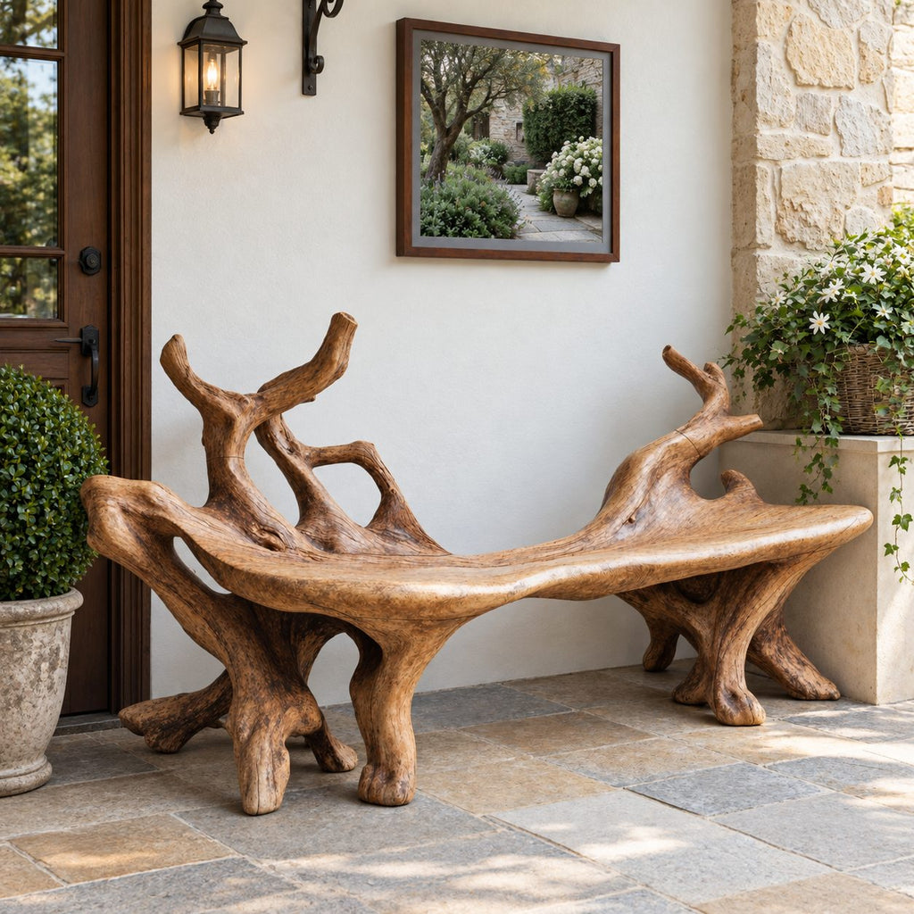 Forked Branch End Bench, Sculpted Solid Wood Root Bench with Curved Slab Seat for Entry or Porch