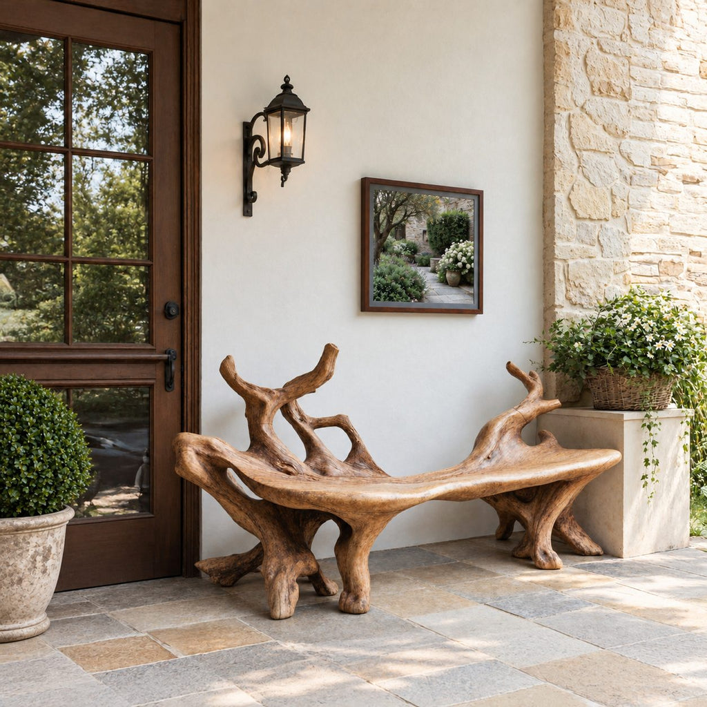 Forked Branch End Bench, Sculpted Solid Wood Root Bench with Curved Slab Seat for Entry or Porch