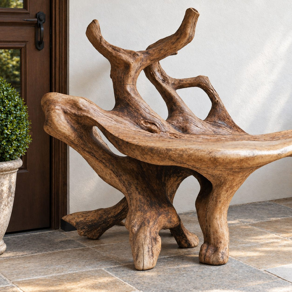 Forked Branch End Bench, Sculpted Solid Wood Root Bench with Curved Slab Seat for Entry or Porch