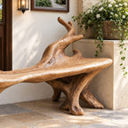 Forked Branch End Bench, Sculpted Solid Wood Root Bench with Curved Slab Seat for Entry or Porch