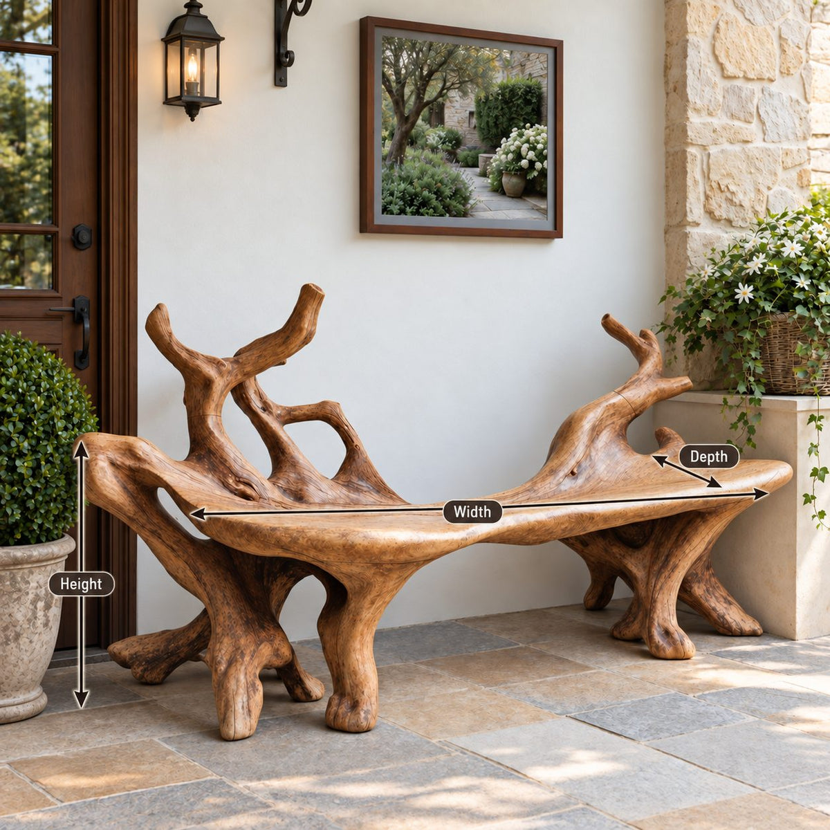 Forked Branch End Bench, Sculpted Solid Wood Root Bench with Curved Slab Seat for Entry or Porch