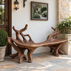Forked Branch End Bench, Sculpted Solid Wood Root Bench with Curved Slab Seat for Entry or Porch
