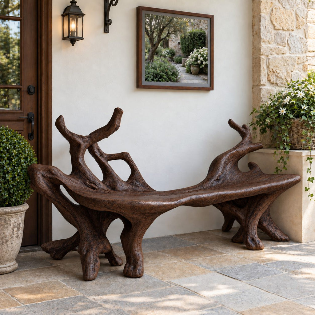 Forked Branch End Bench, Sculpted Solid Wood Root Bench with Curved Slab Seat for Entry or Porch