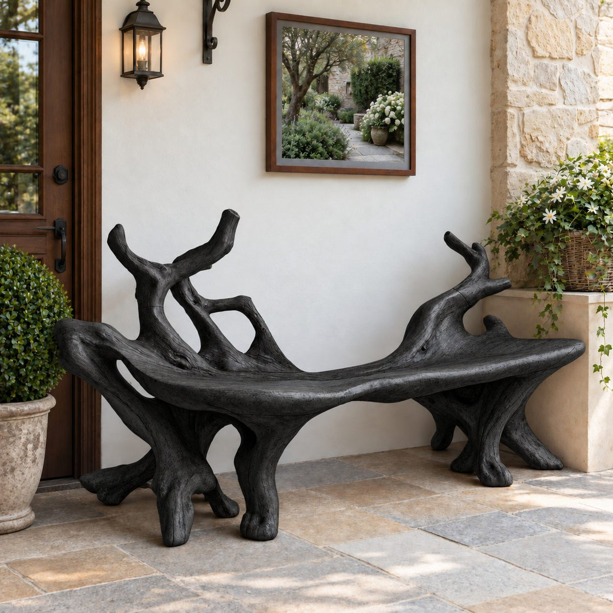 Forked Branch End Bench, Sculpted Solid Wood Root Bench with Curved Slab Seat for Entry or Porch