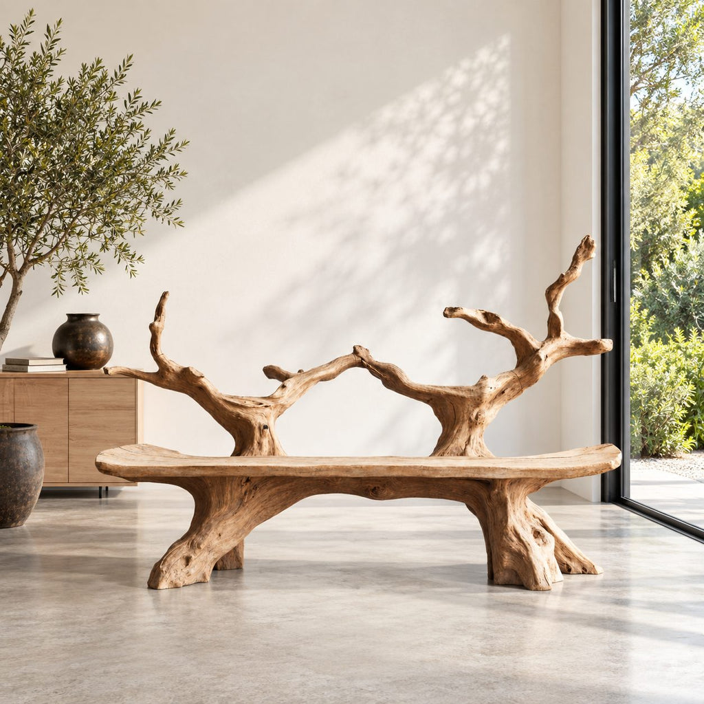 Slim Twin Tree Branch Bench, Natural Form Solid Wood Bench with Long Slab Seat on Root Pedestals