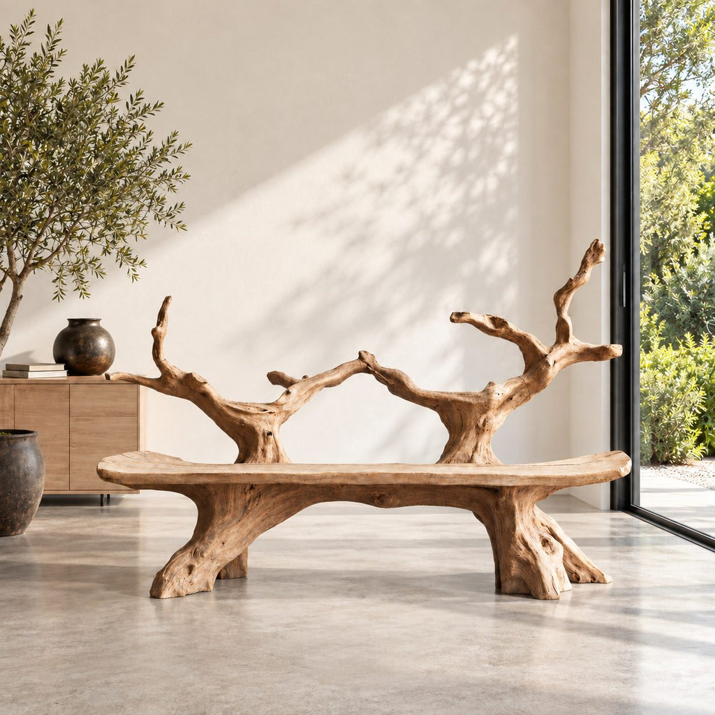 Slim Twin Tree Branch Bench, Natural Form Solid Wood Bench with Long Slab Seat on Root Pedestals