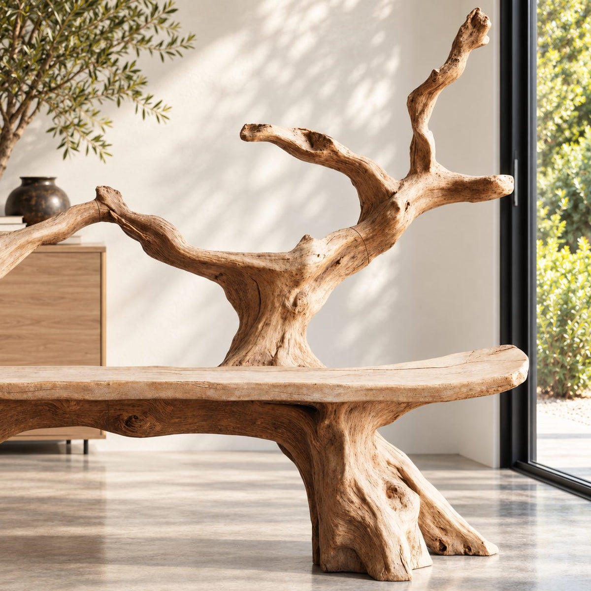 Slim Twin Tree Branch Bench, Natural Form Solid Wood Bench with Long Slab Seat on Root Pedestals