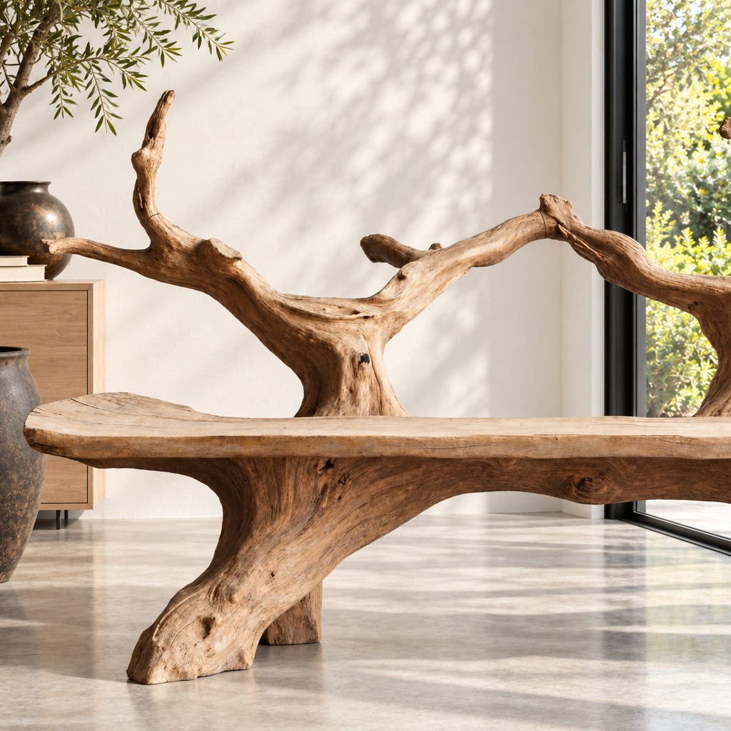 Slim Twin Tree Branch Bench, Natural Form Solid Wood Bench with Long Slab Seat on Root Pedestals