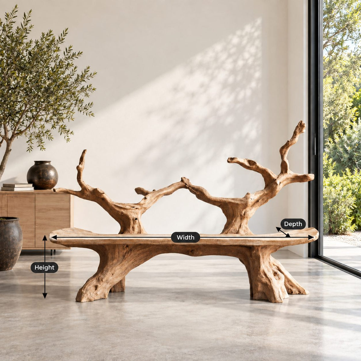 Slim Twin Tree Branch Bench, Natural Form Solid Wood Bench with Long Slab Seat on Root Pedestals