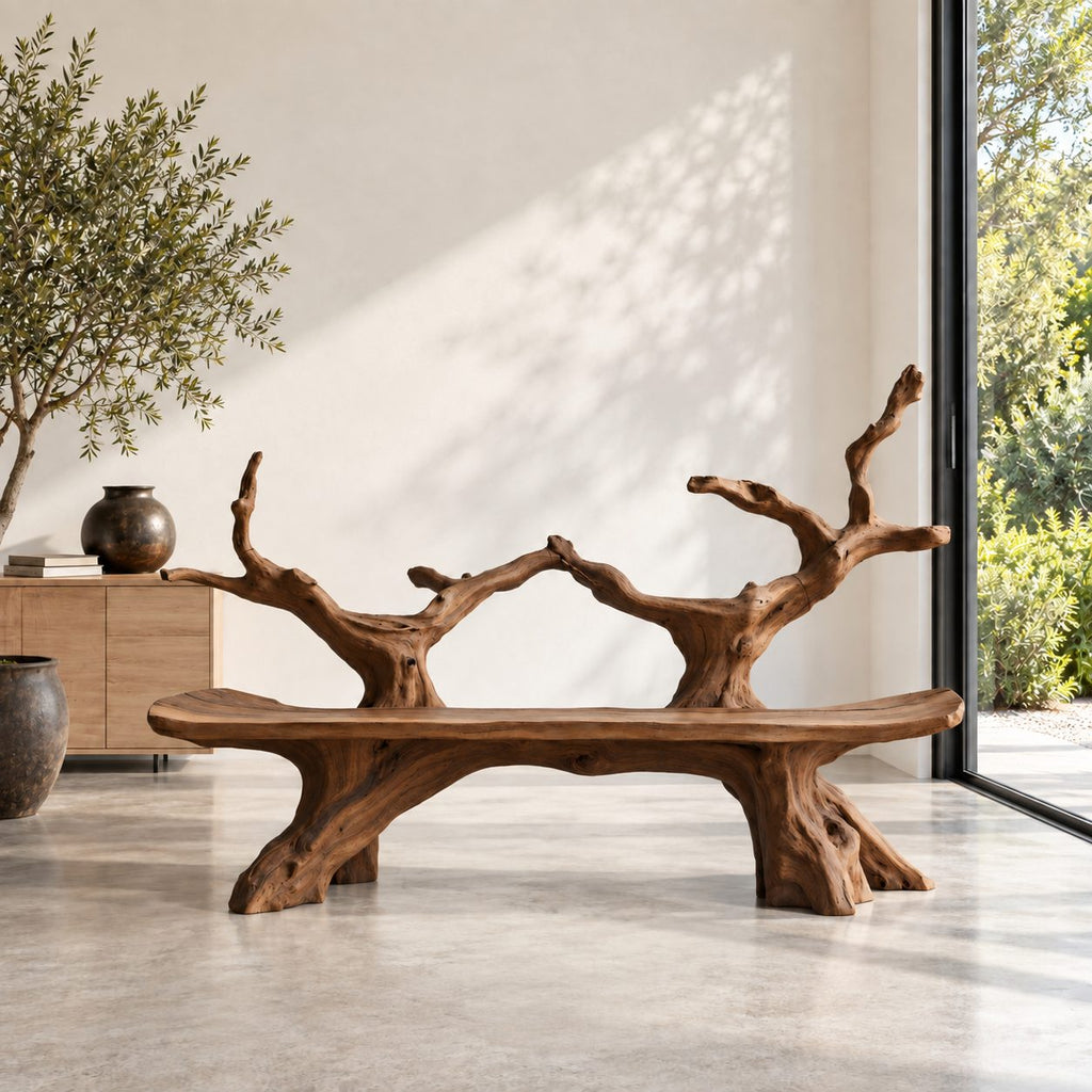 Slim Twin Tree Branch Bench, Natural Form Solid Wood Bench with Long Slab Seat on Root Pedestals