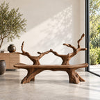 Slim Twin Tree Branch Bench, Natural Form Solid Wood Bench with Long Slab Seat on Root Pedestals