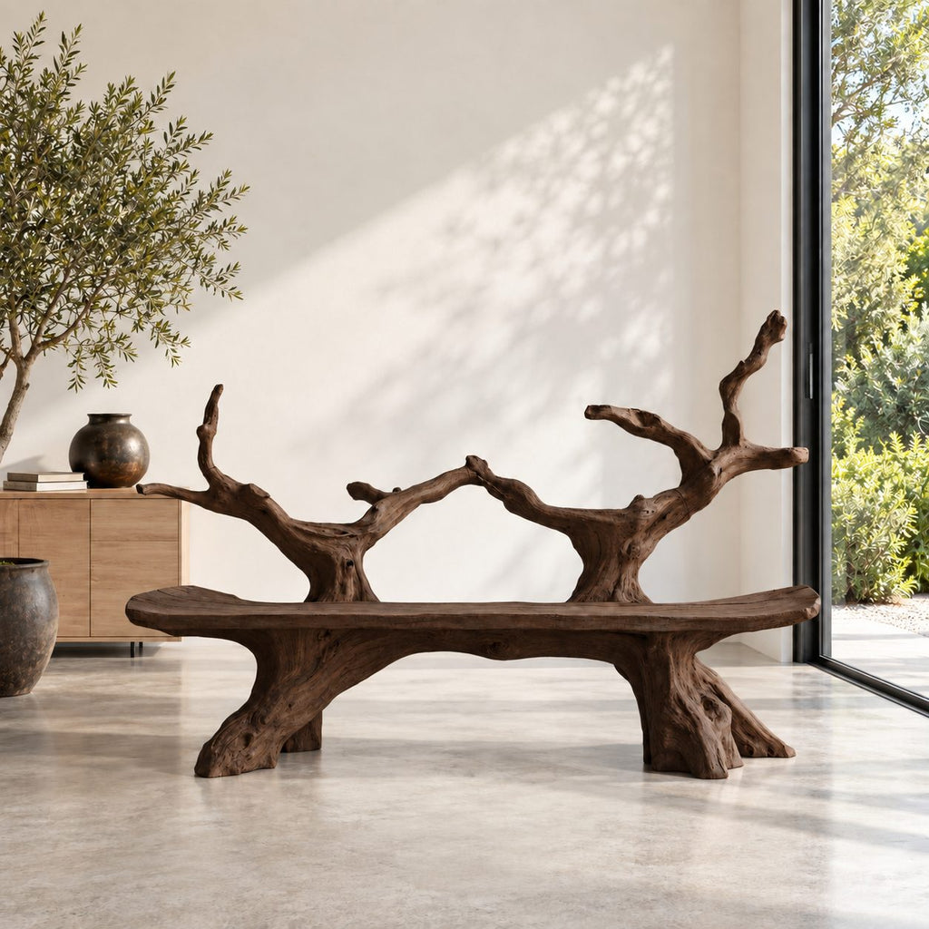Slim Twin Tree Branch Bench, Natural Form Solid Wood Bench with Long Slab Seat on Root Pedestals