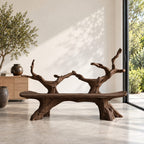 Slim Twin Tree Branch Bench, Natural Form Solid Wood Bench with Long Slab Seat on Root Pedestals