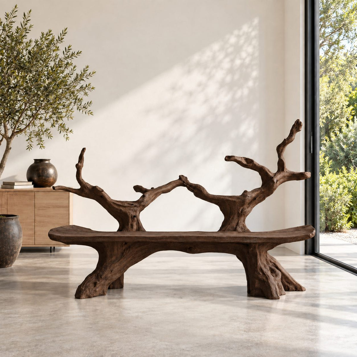 Slim Twin Tree Branch Bench, Natural Form Solid Wood Bench with Long Slab Seat on Root Pedestals