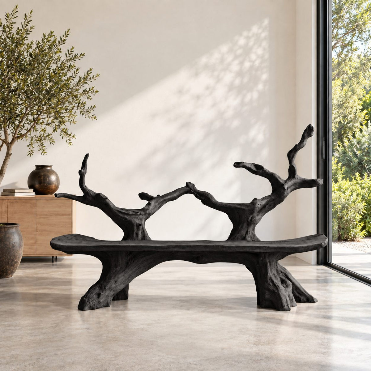 Slim Twin Tree Branch Bench, Natural Form Solid Wood Bench with Long Slab Seat on Root Pedestals