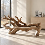 Fallen Tree Trunk Bench, Sculptural Solid Wood Branch Bench with Carved Seat and Sweeping Limbs