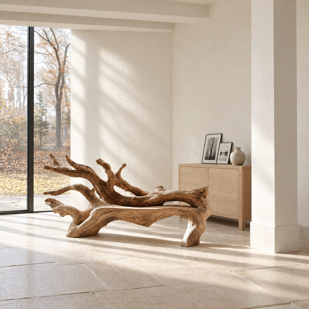 Fallen Tree Trunk Bench, Sculptural Solid Wood Branch Bench with Carved Seat and Sweeping Limbs