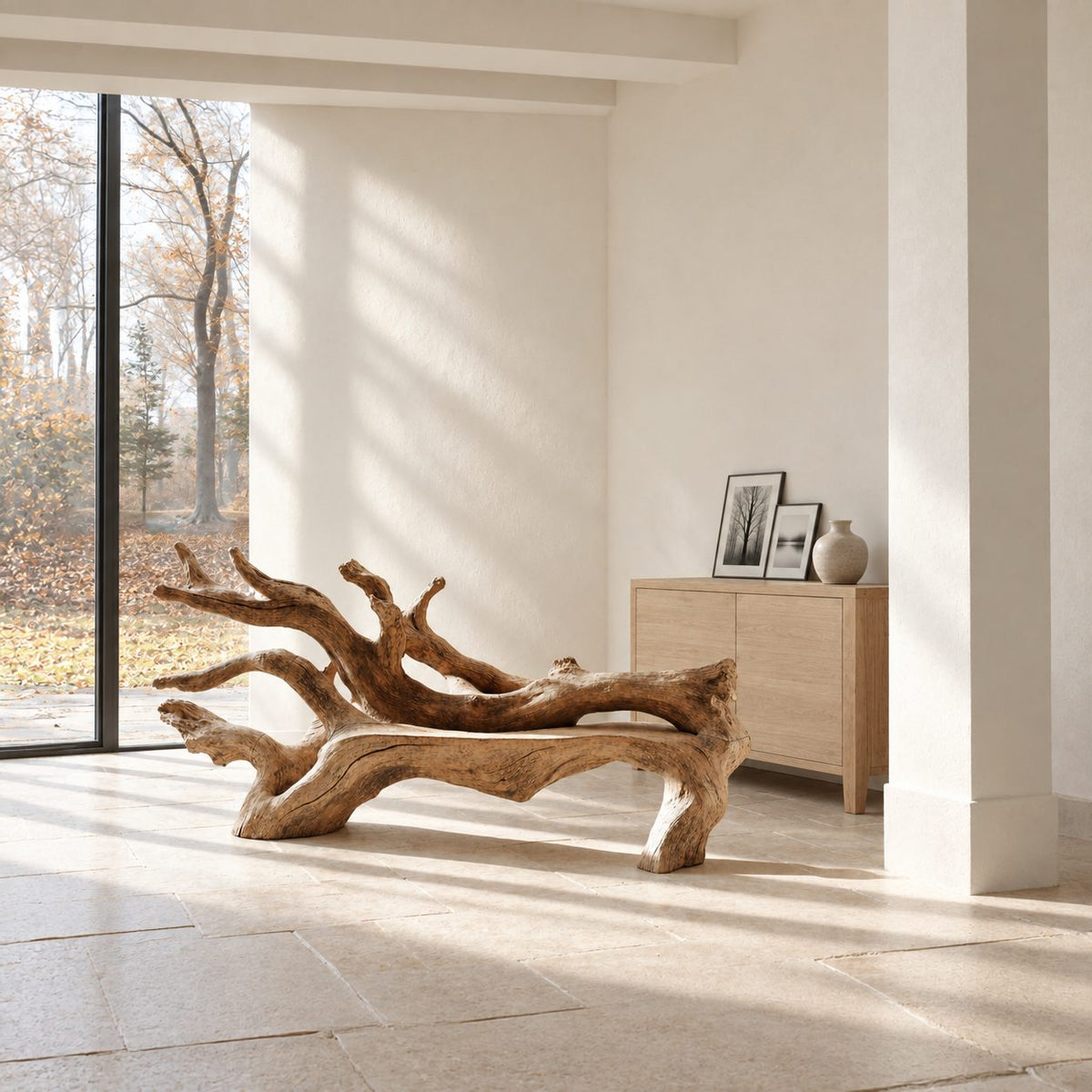 Fallen Tree Trunk Bench, Sculptural Solid Wood Branch Bench with Carved Seat and Sweeping Limbs