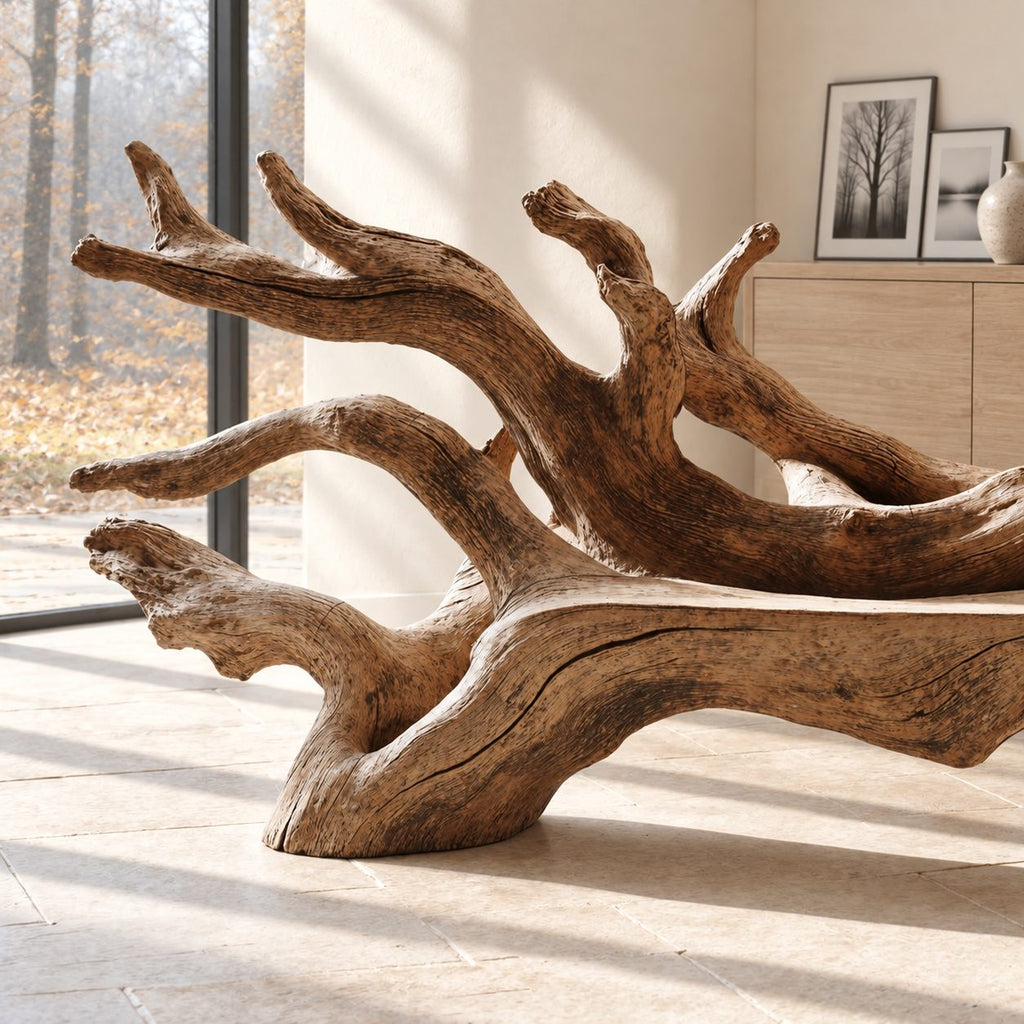 Fallen Tree Trunk Bench, Sculptural Solid Wood Branch Bench with Carved Seat and Sweeping Limbs