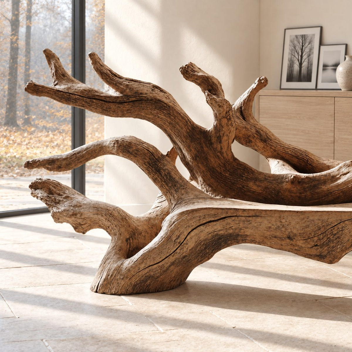 Fallen Tree Trunk Bench, Sculptural Solid Wood Branch Bench with Carved Seat and Sweeping Limbs