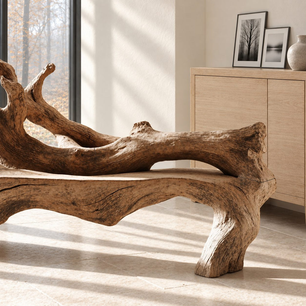 Fallen Tree Trunk Bench, Sculptural Solid Wood Branch Bench with Carved Seat and Sweeping Limbs