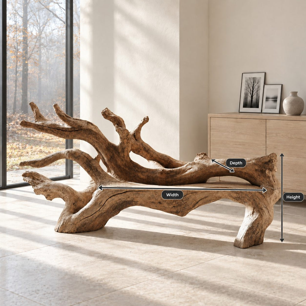 Fallen Tree Trunk Bench, Sculptural Solid Wood Branch Bench with Carved Seat and Sweeping Limbs