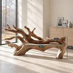 Fallen Tree Trunk Bench, Sculptural Solid Wood Branch Bench with Carved Seat and Sweeping Limbs