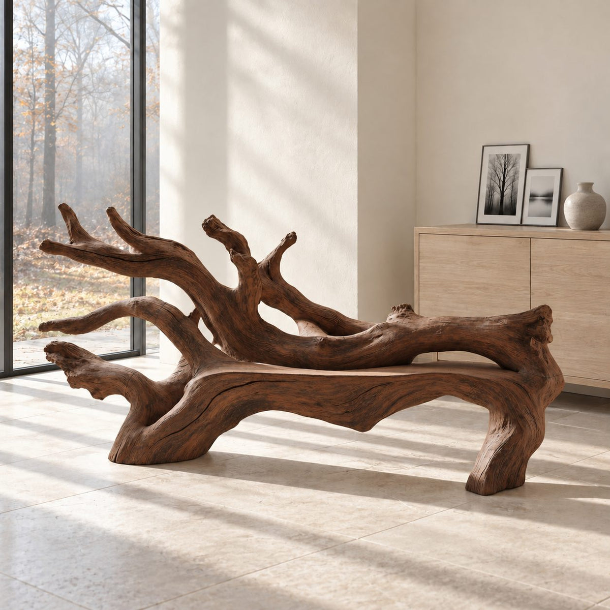 Fallen Tree Trunk Bench, Sculptural Solid Wood Branch Bench with Carved Seat and Sweeping Limbs