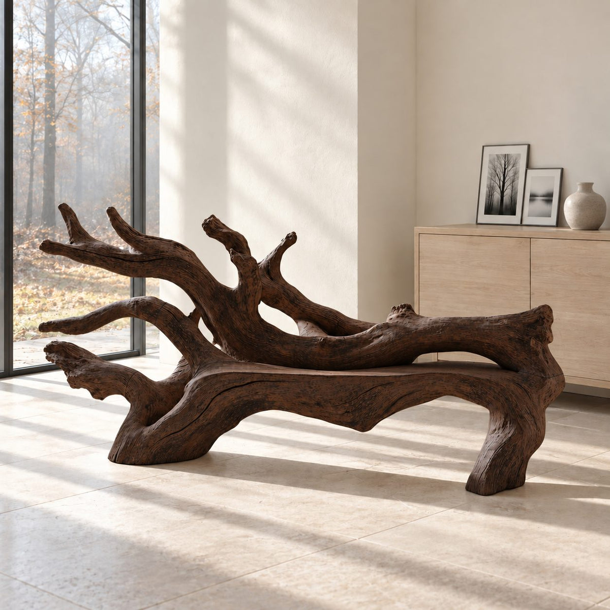 Fallen Tree Trunk Bench, Sculptural Solid Wood Branch Bench with Carved Seat and Sweeping Limbs